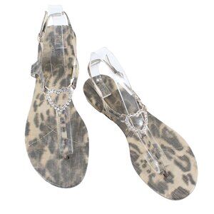 Guess Sz 9.5 Animal Print Brown Gold Rhinestone Heart Accent Low Heel Sandal